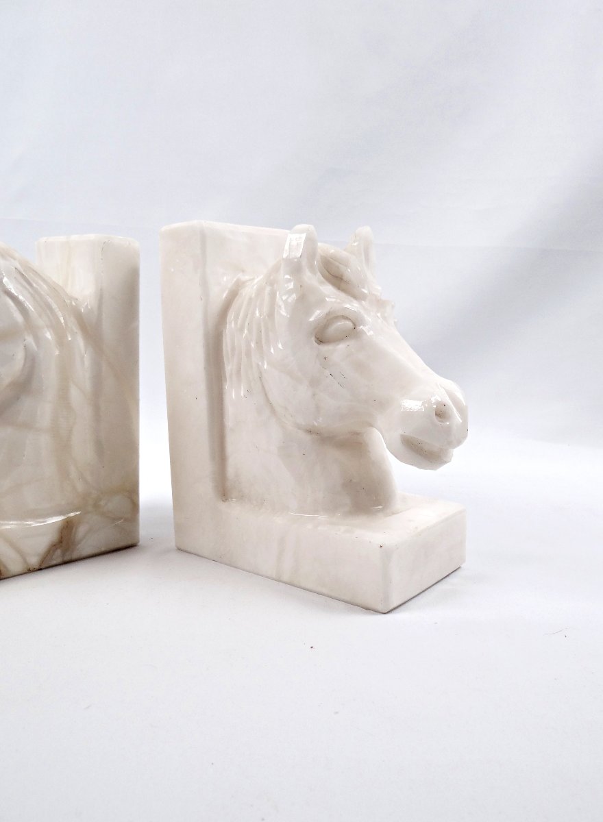 Pair Of Solid White Alabaster Horse Bookends From The 1950s-photo-3