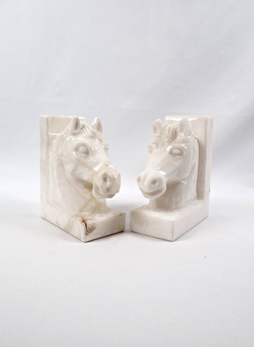 Pair Of Solid White Alabaster Horse Bookends From The 1950s-photo-1
