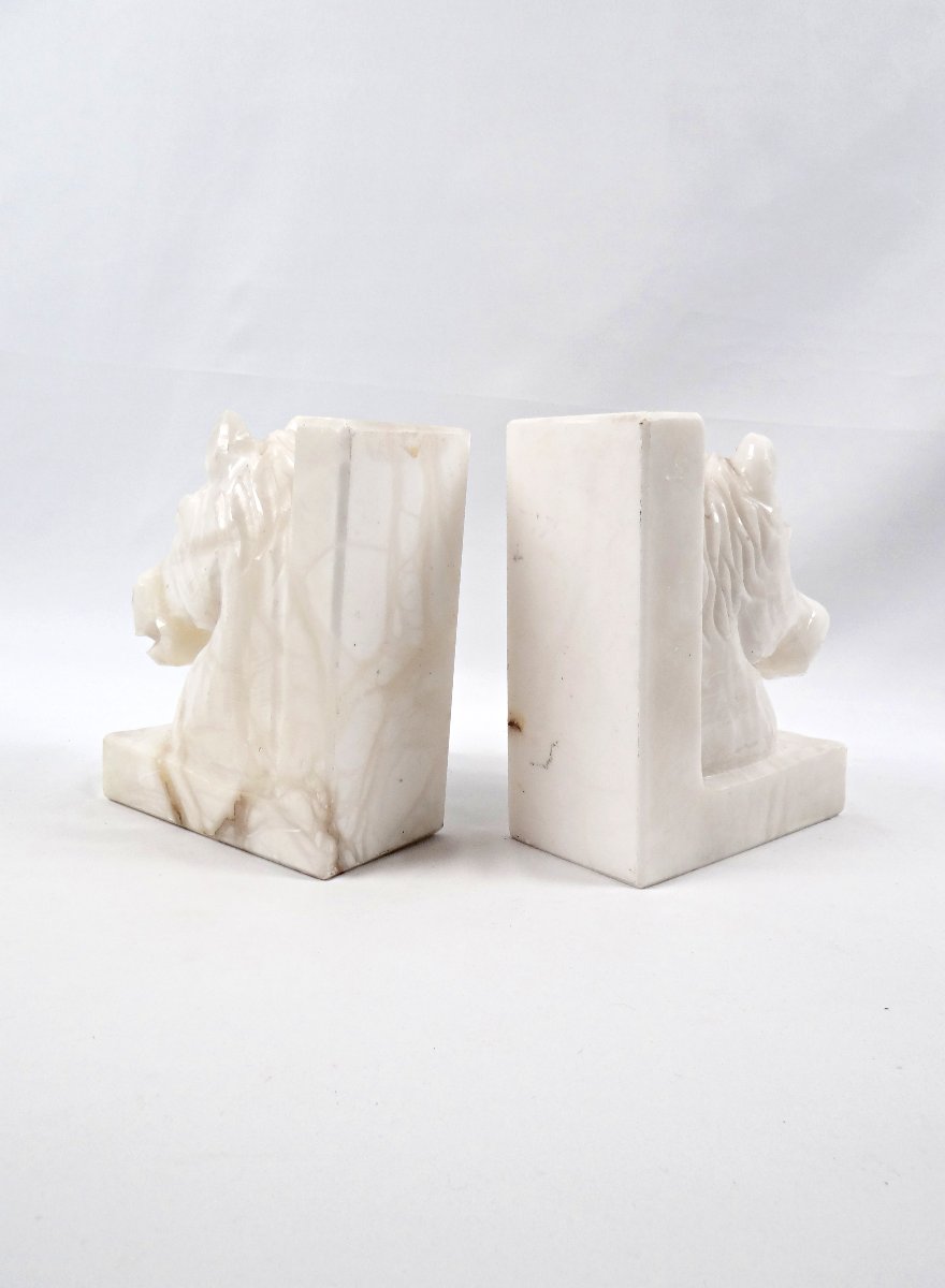 Pair Of Solid White Alabaster Horse Bookends From The 1950s-photo-5
