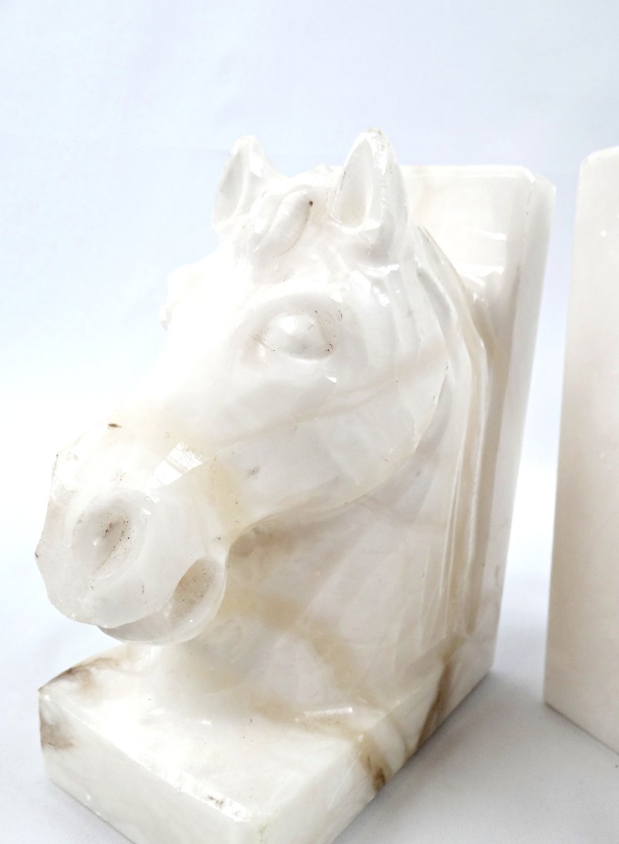 Pair Of Solid White Alabaster Horse Bookends From The 1950s-photo-8