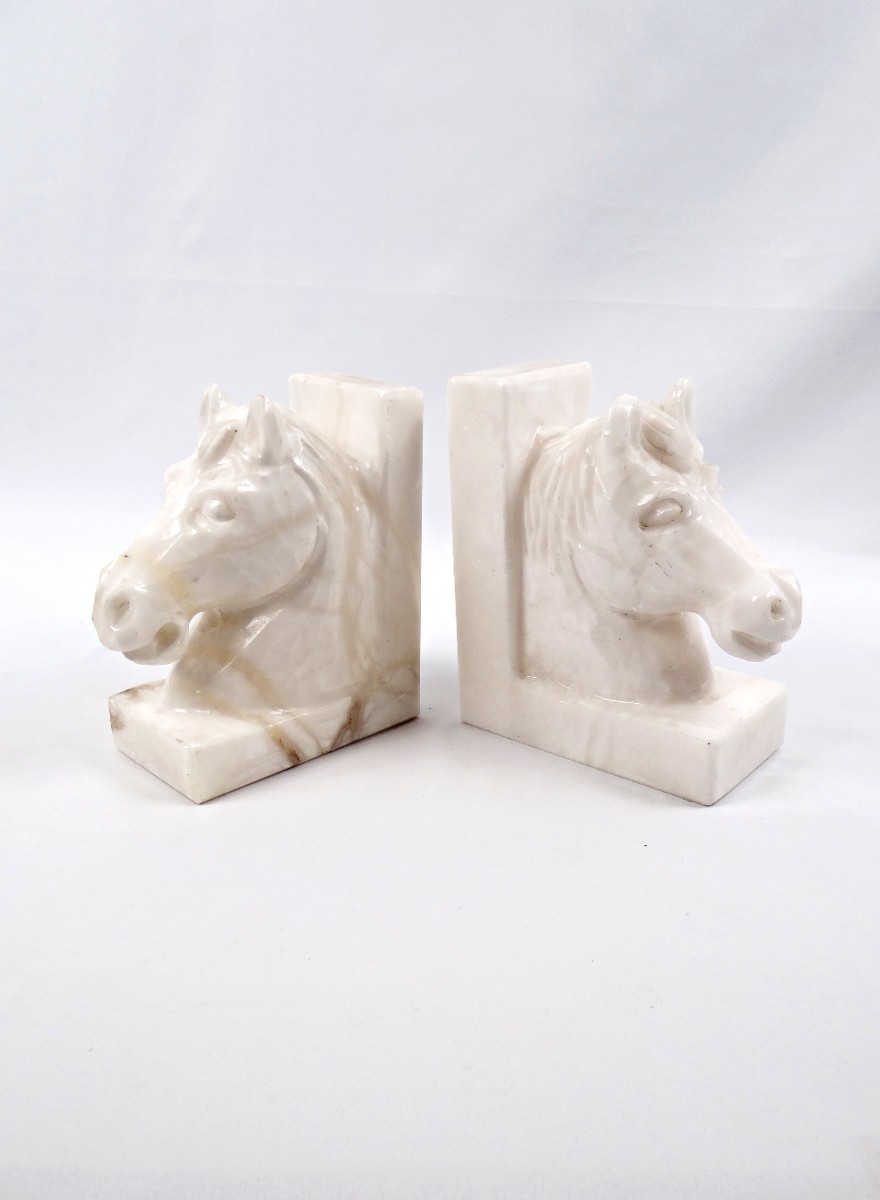 Pair Of Solid White Alabaster Horse Bookends From The 1950s