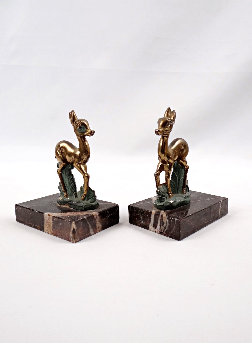 Paire de serre-livres Art Déco biches ou bambi en régule et marbre doré-photo-2