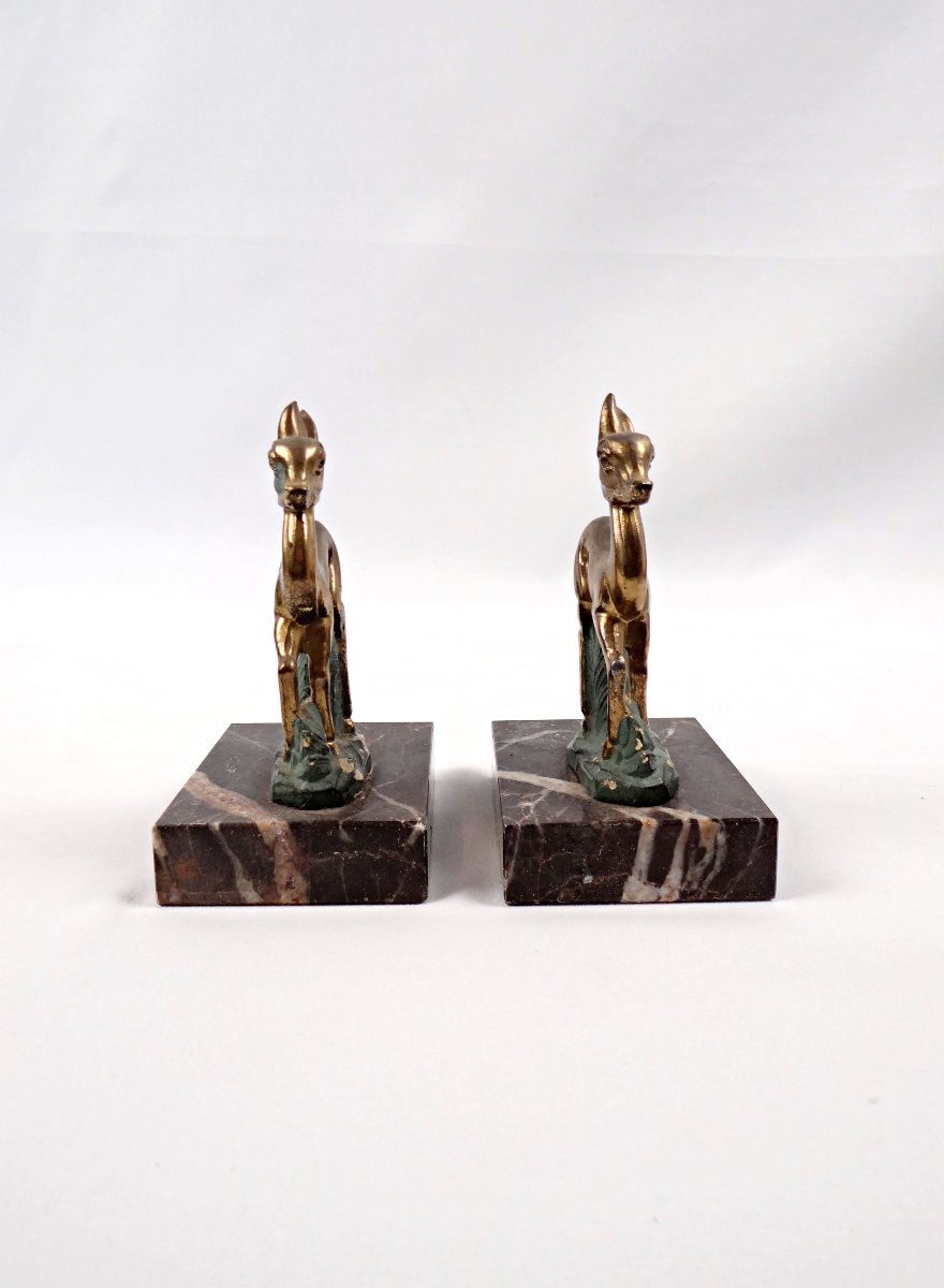 Paire de serre-livres Art Déco biches ou bambi en régule et marbre doré-photo-3