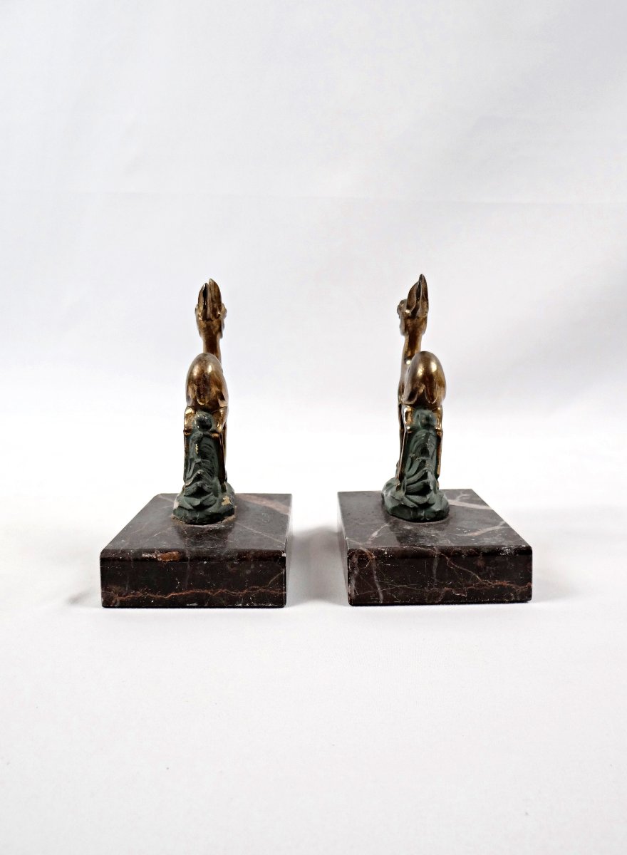 Paire de serre-livres Art Déco biches ou bambi en régule et marbre doré-photo-3