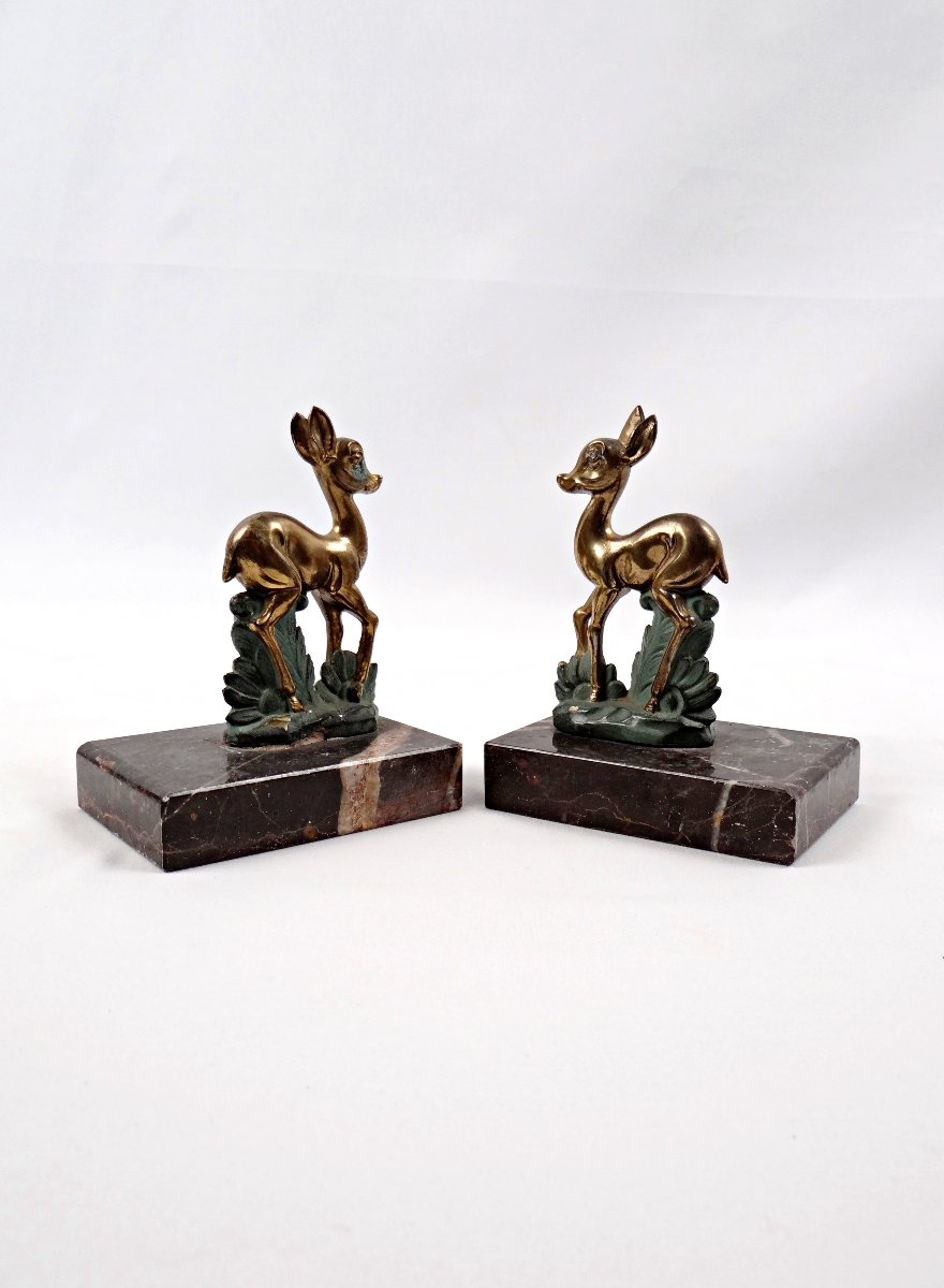 Paire de serre-livres Art Déco biches ou bambi en régule et marbre doré-photo-4