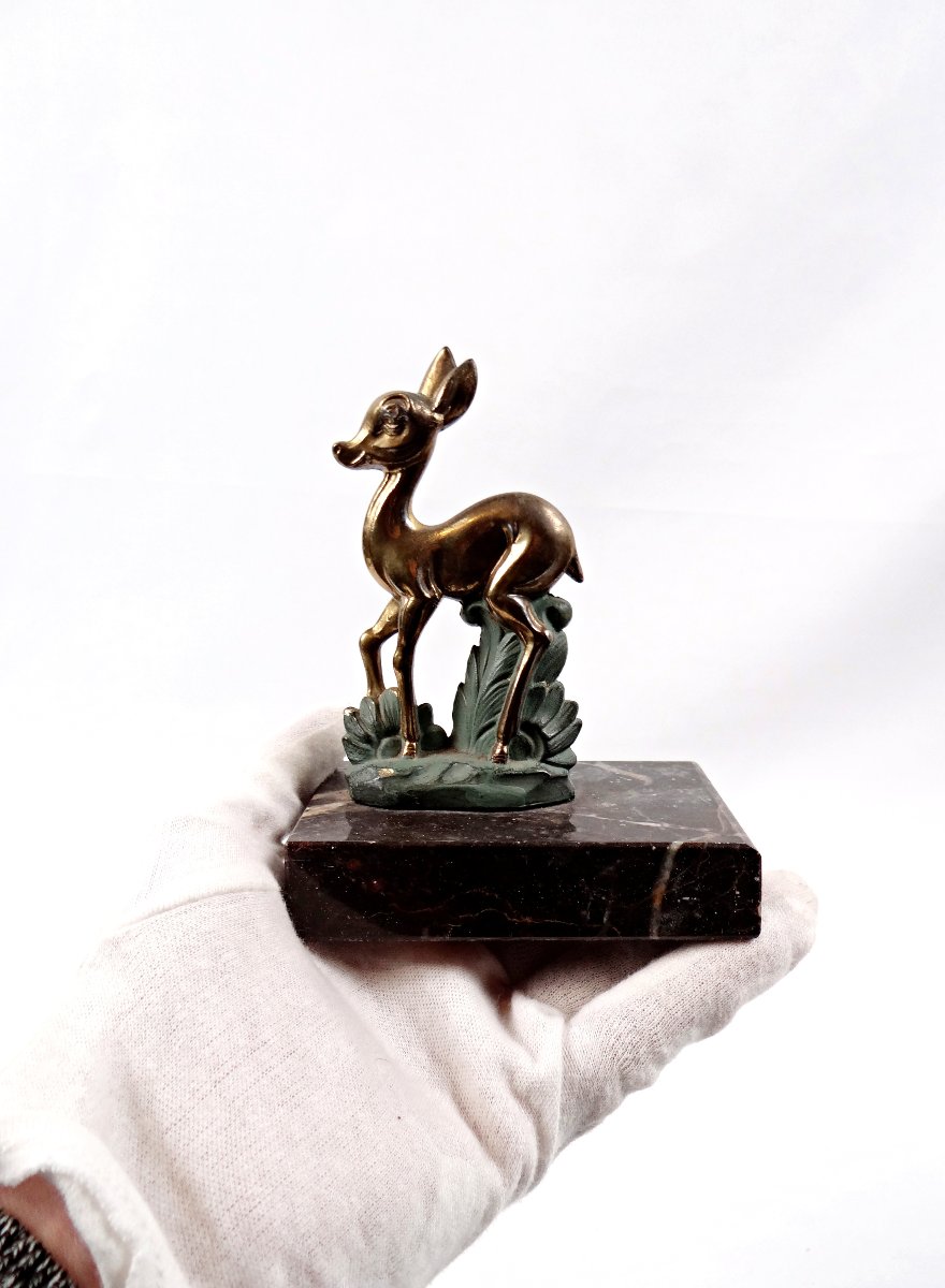 Paire de serre-livres Art Déco biches ou bambi en régule et marbre doré-photo-5