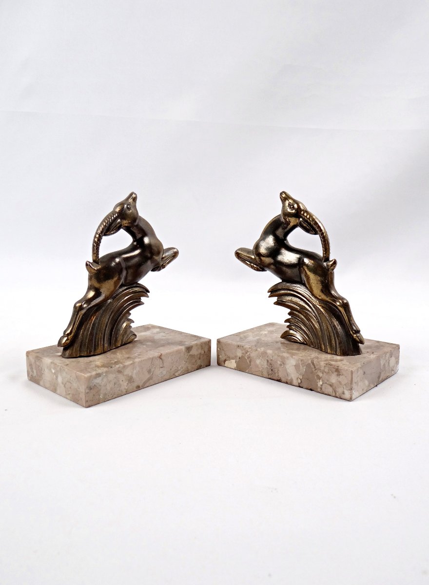 Pair Of Art Deco Gazelle Bookends In Spelter And Grey Marble-photo-6
