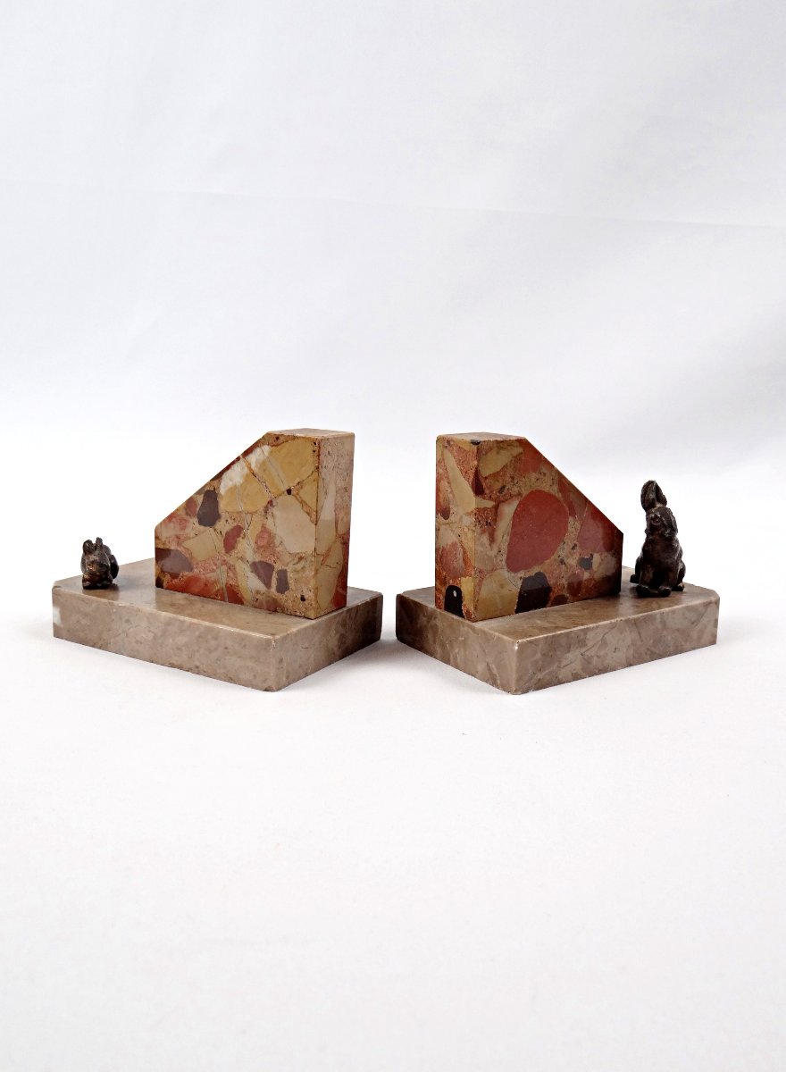Paire de serre-livres Art Déco en marbre veiné et lapins en bronze début XXème-photo-4