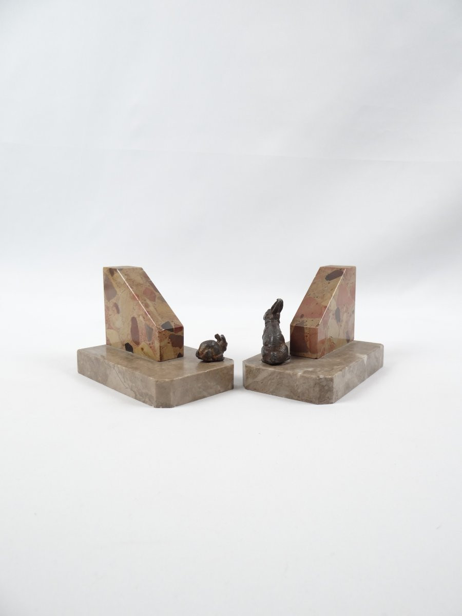 Paire de serre-livres Art Déco en marbre veiné et lapins en bronze début XXème-photo-4