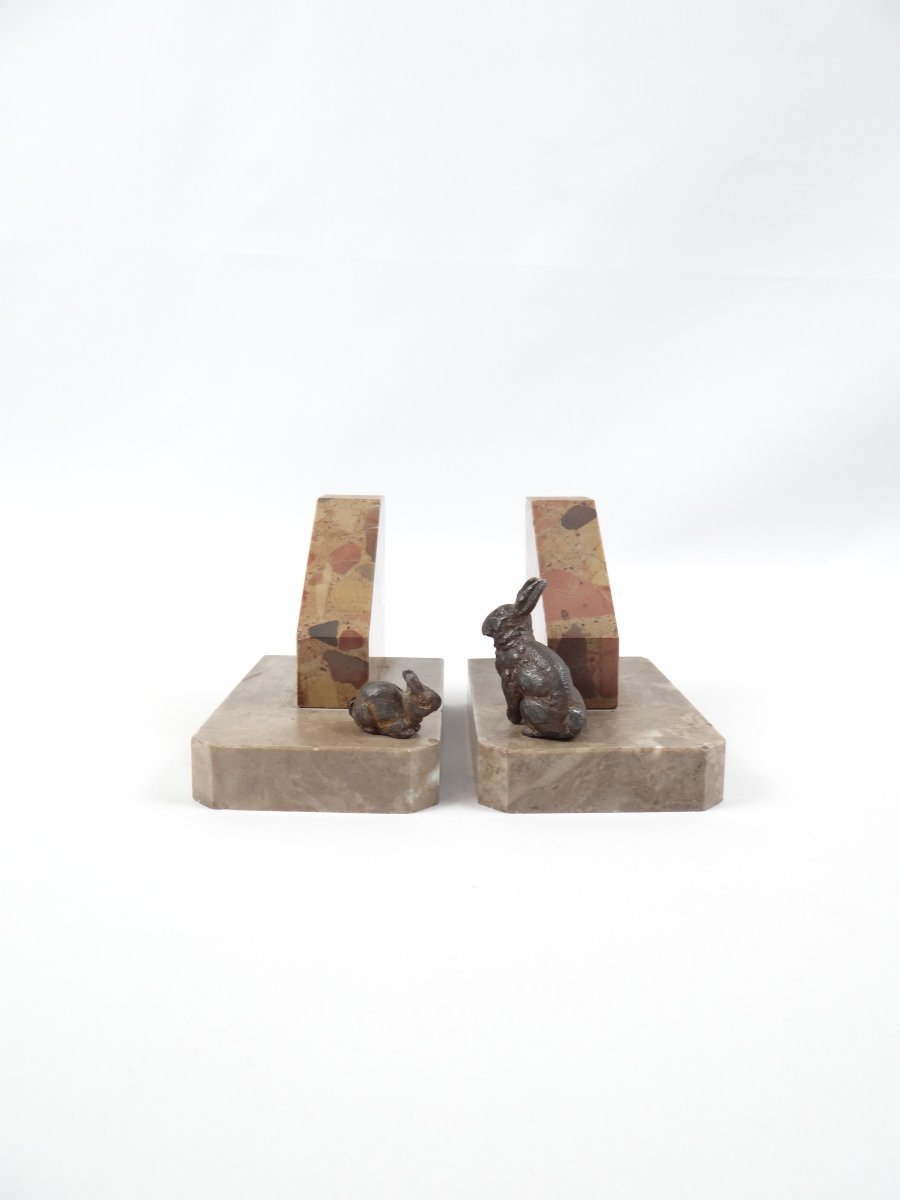 Paire de serre-livres Art Déco en marbre veiné et lapins en bronze début XXème-photo-5