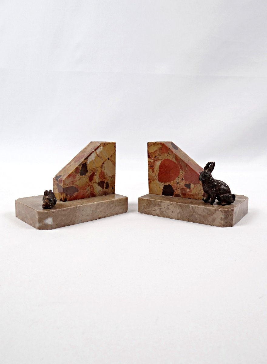 Paire de serre-livres Art Déco en marbre veiné et lapins en bronze début XXème-photo-6