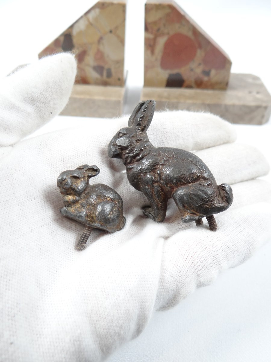 Paire de serre-livres Art Déco en marbre veiné et lapins en bronze début XXème-photo-7