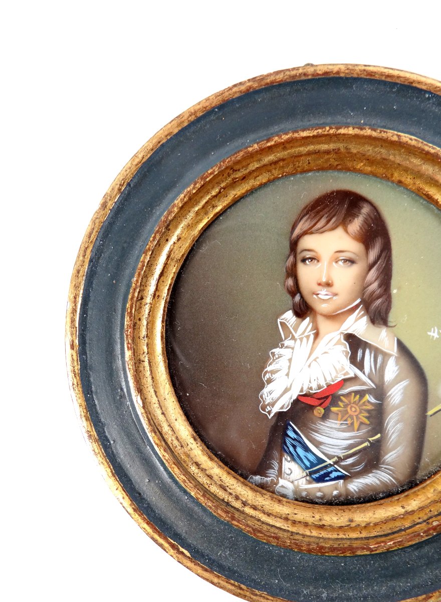 Miniature gouache sur ivoire encadrée signée HIL de Louis XVII encadré fin XIXe-photo-3