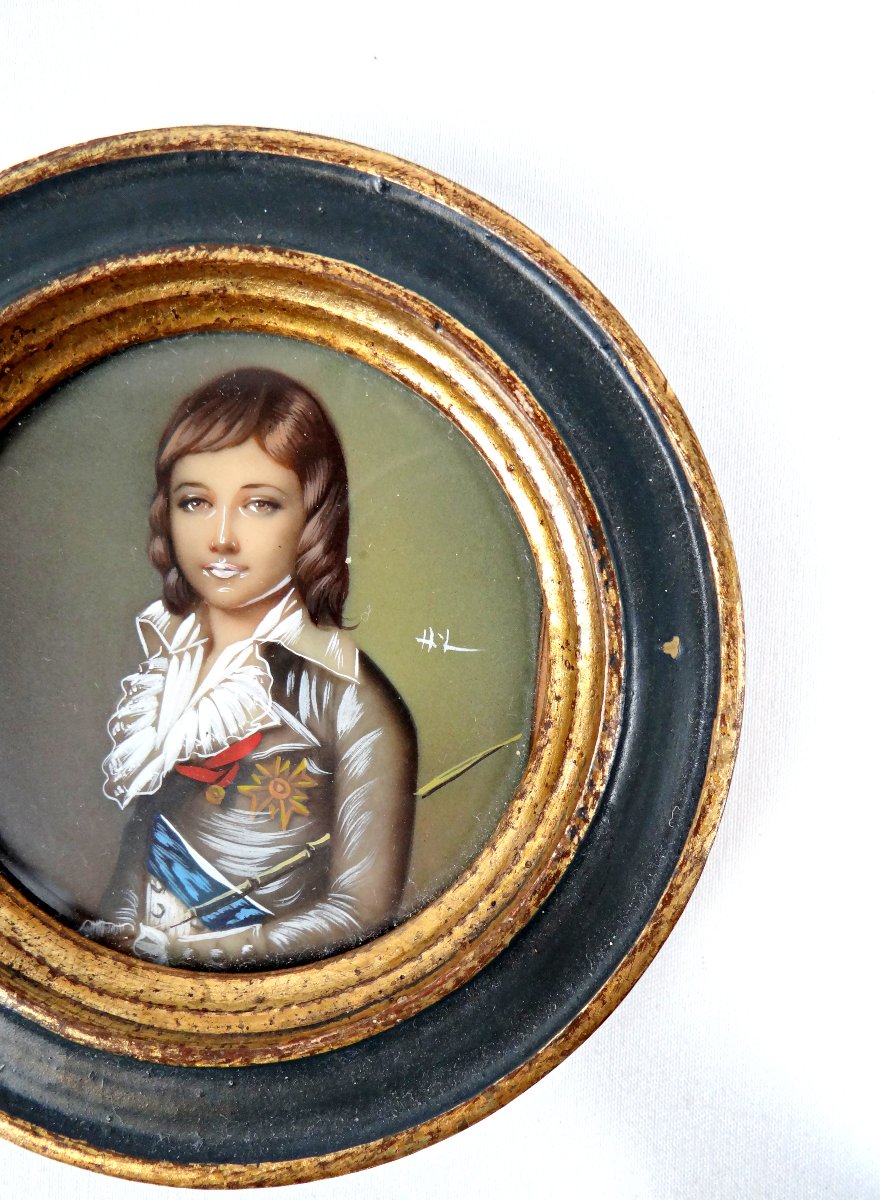 Miniature gouache sur ivoire encadrée signée HIL de Louis XVII encadré fin XIXe-photo-4