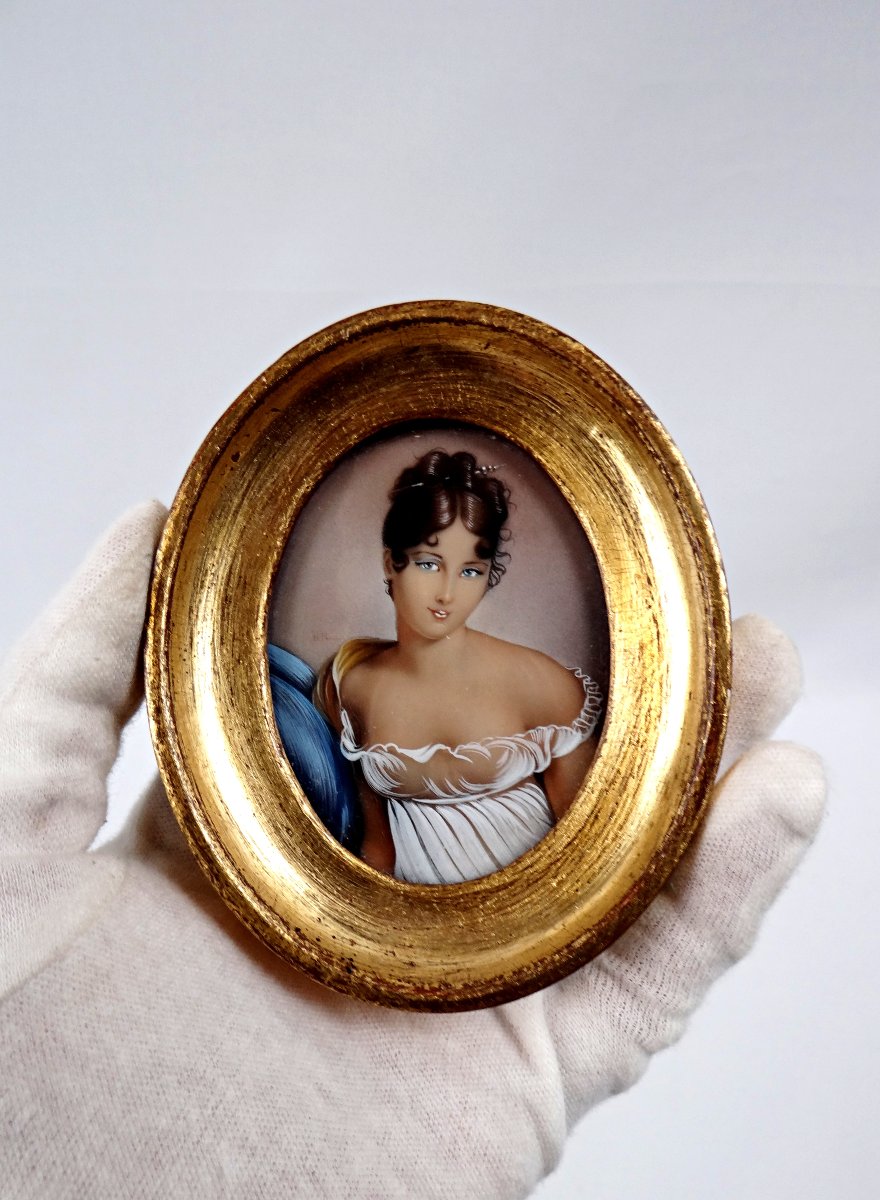 Framed Miniature Gouache On Ivory, Signed Hil, Portrait Of An Elegant Woman, Late 19th Century-photo-2