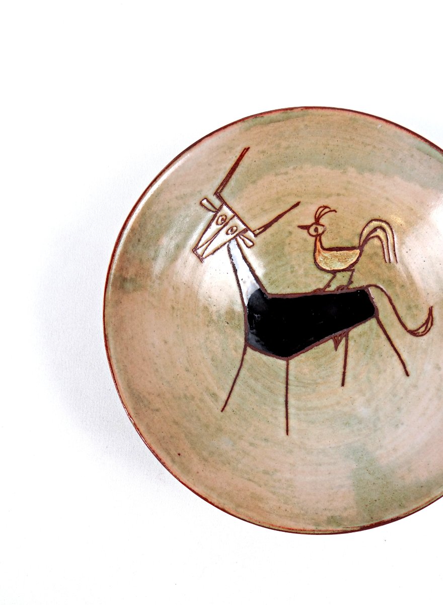 Olivier Pettit coupelle en céramique émaillée décor de taureau & coq style naïf-photo-2