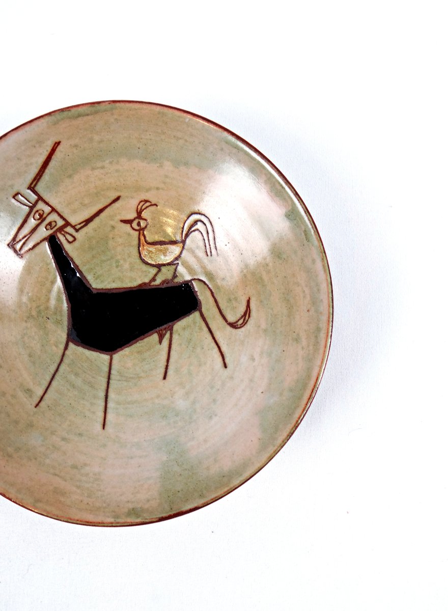 Olivier Pettit coupelle en céramique émaillée décor de taureau & coq style naïf-photo-3