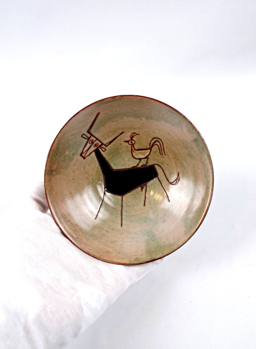 Olivier Pettit coupelle en céramique émaillée décor de taureau & coq style naïf-photo-2