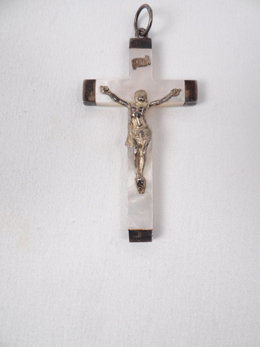 Pendentif crucifix pectoral métal & nacre INRI époque Napoléon III-photo-3