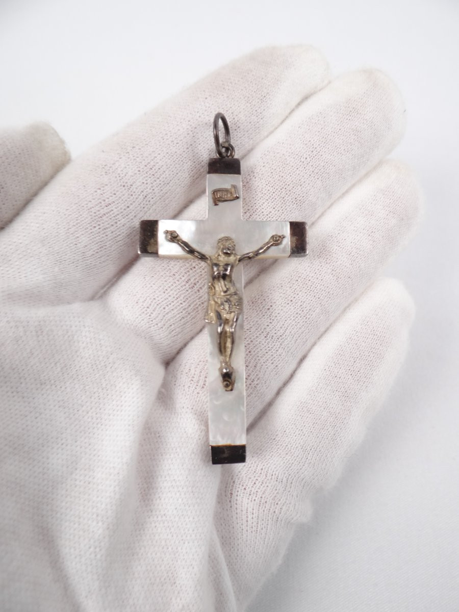 Pendentif crucifix pectoral métal & nacre INRI époque Napoléon III-photo-3