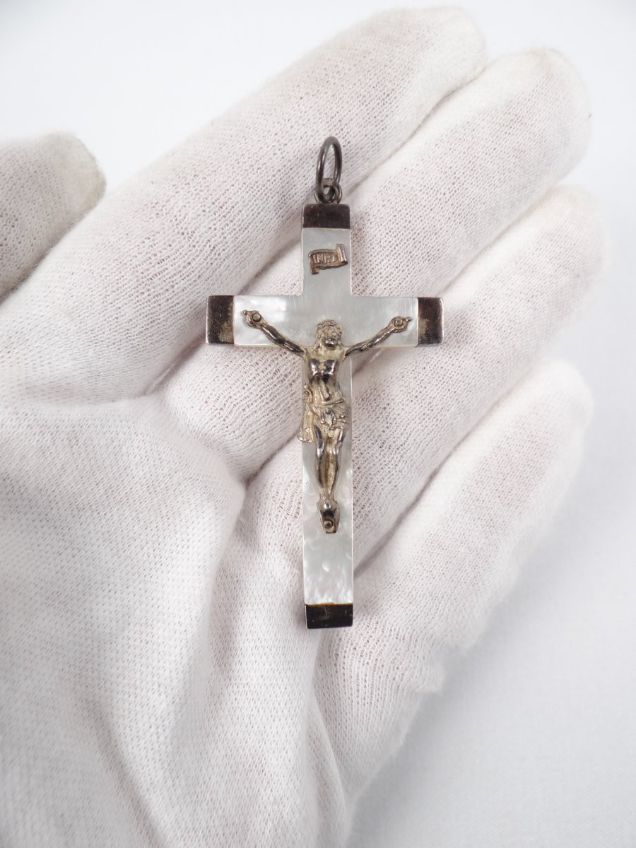 Pendentif crucifix pectoral métal & nacre INRI époque Napoléon III-photo-4