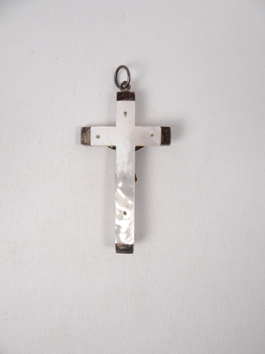 Pendentif crucifix pectoral métal & nacre INRI époque Napoléon III-photo-6