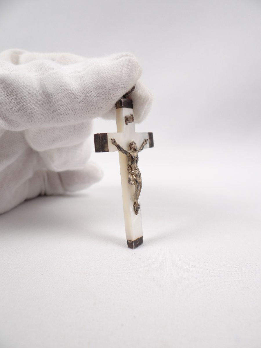 Pendentif crucifix pectoral métal & nacre INRI époque Napoléon III-photo-7