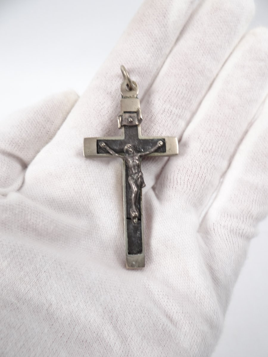 Pendentif crucifix pectoral métal & bois d'ébène INRI époque Napoléon III-photo-1
