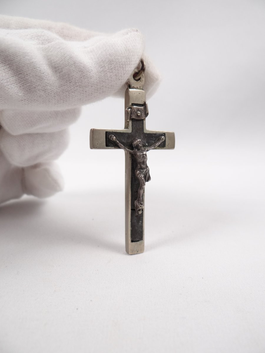 Pendentif crucifix pectoral métal & bois d'ébène INRI époque Napoléon III-photo-2