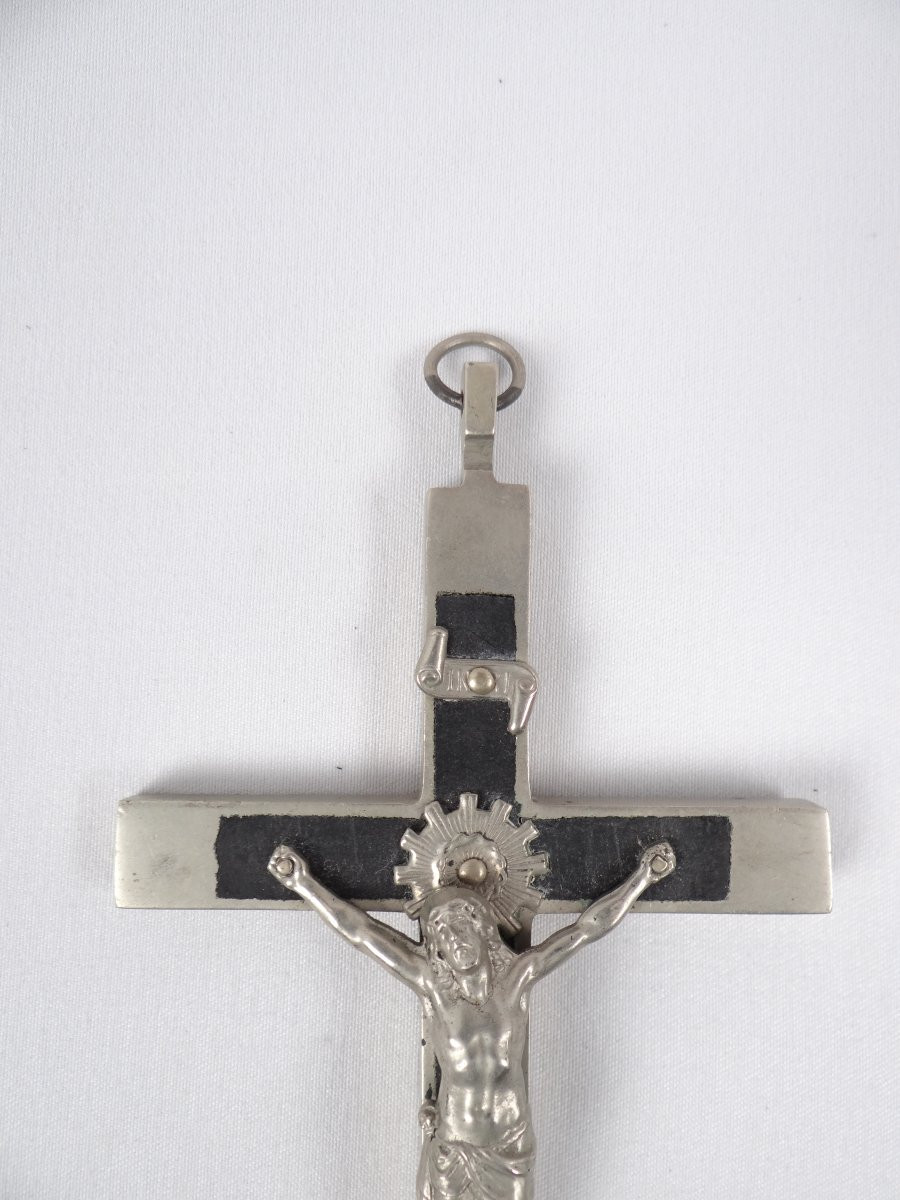 Pendentif crucifix pectoral métal & bois d'ébène INRI époque Napoléon III XIXe-photo-2