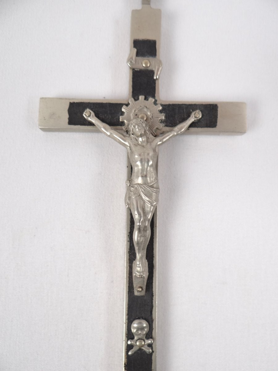 Pendentif crucifix pectoral métal & bois d'ébène INRI époque Napoléon III XIXe-photo-3