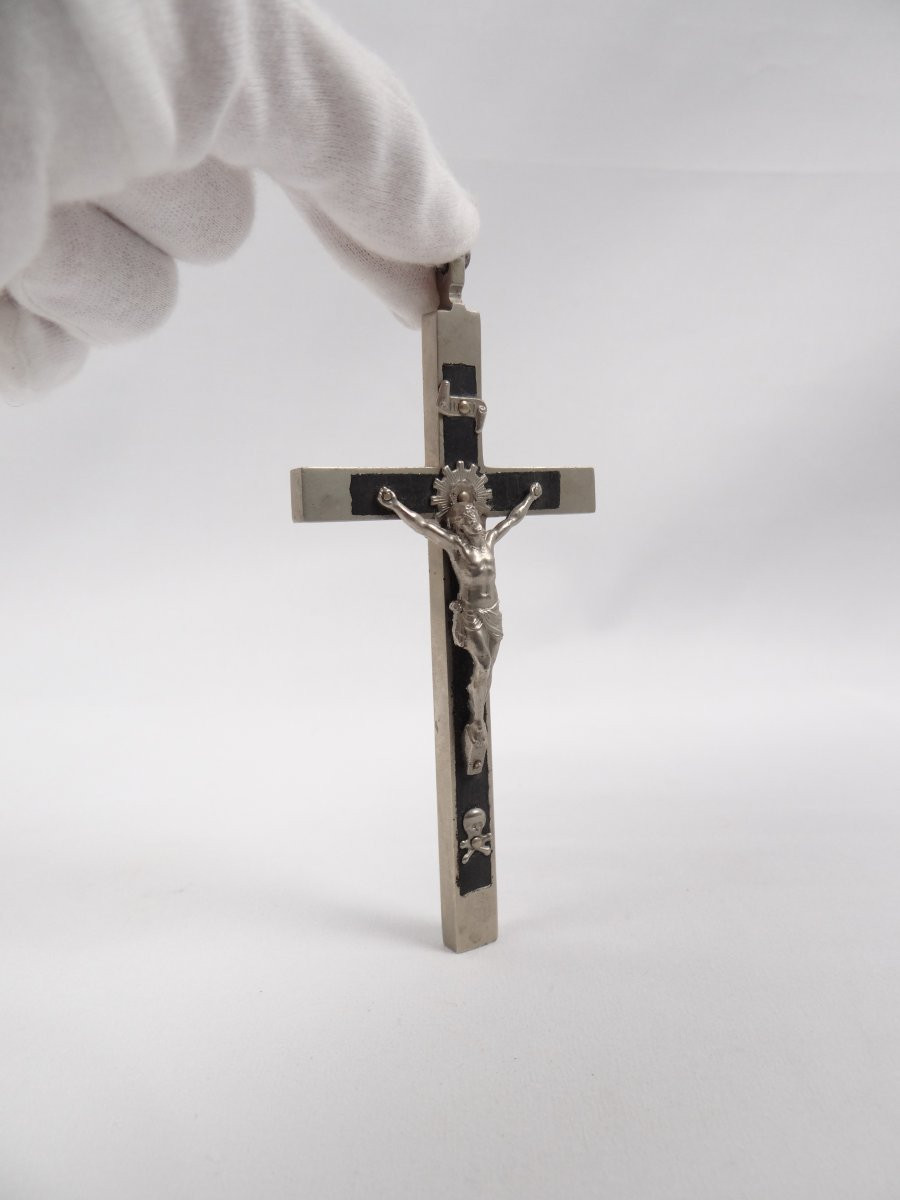 Pendentif crucifix pectoral métal & bois d'ébène INRI époque Napoléon III XIXe-photo-5