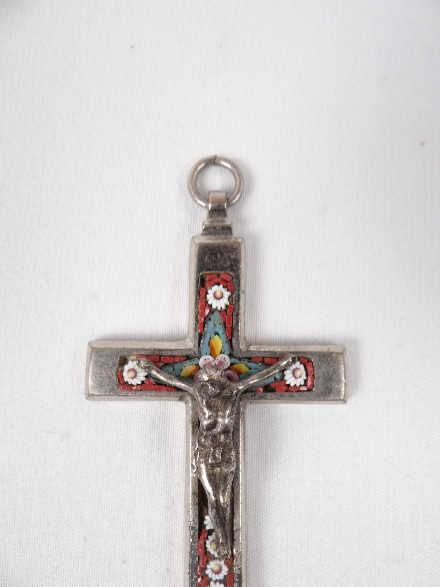 Pendentif crucifix pectoral métal & mosaïque polychrome époque Napoléon III XIXe-photo-2