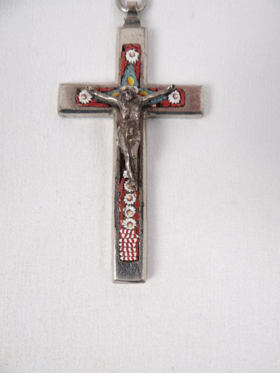 Pendentif crucifix pectoral métal & mosaïque polychrome époque Napoléon III XIXe-photo-3