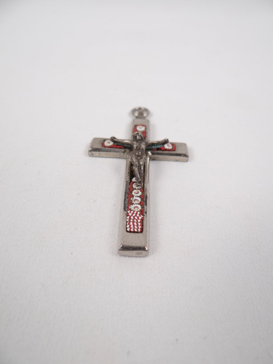 Pendentif crucifix pectoral métal & mosaïque polychrome époque Napoléon III XIXe-photo-4
