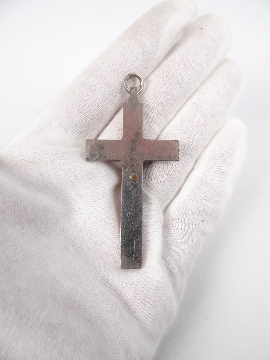 Pendentif crucifix pectoral métal & mosaïque polychrome époque Napoléon III XIXe-photo-3