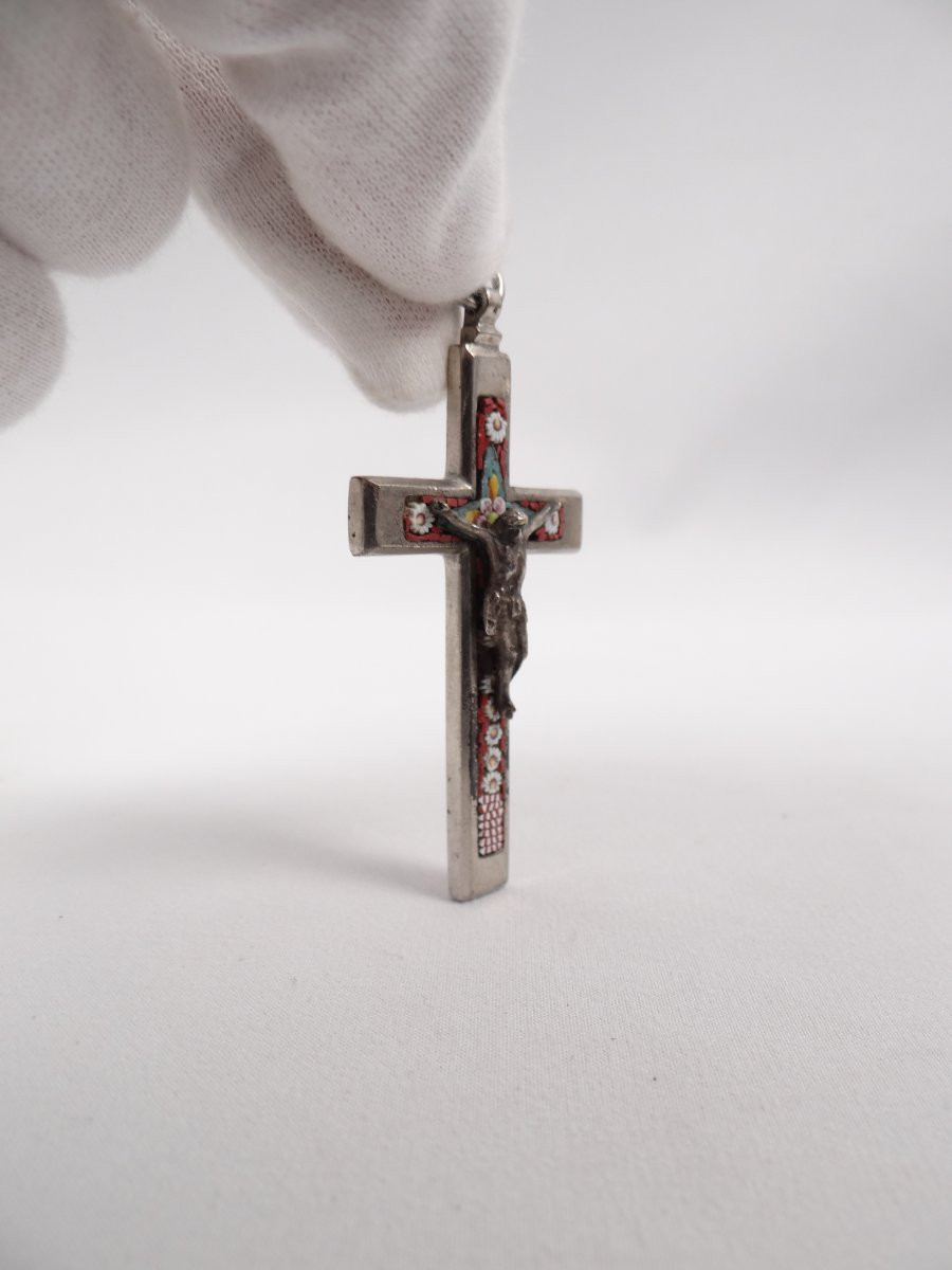 Pendentif crucifix pectoral métal & mosaïque polychrome époque Napoléon III XIXe-photo-4
