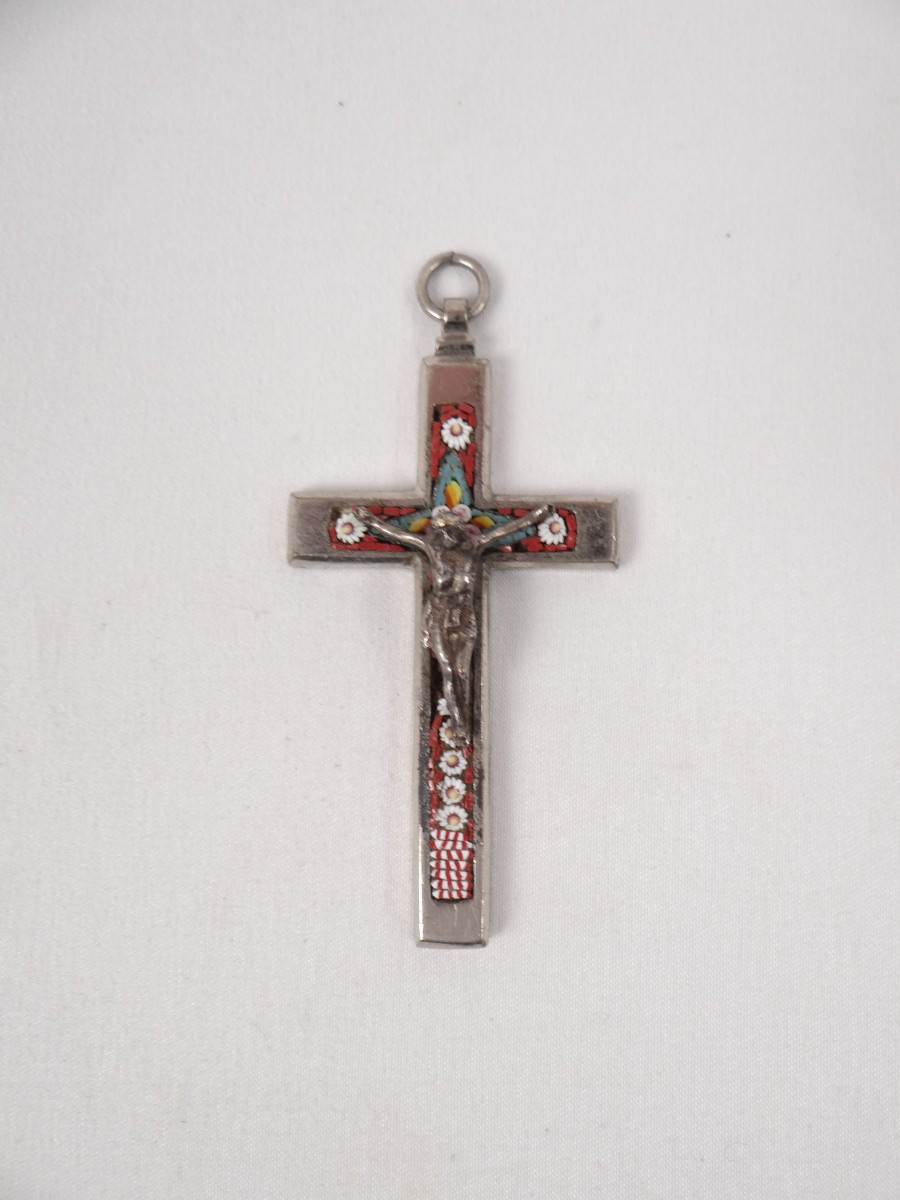 Pendentif crucifix pectoral métal & mosaïque polychrome époque Napoléon III XIXe