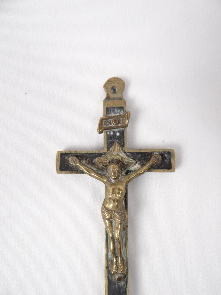Inri Napoleon III Period Gilt Brass And Ebony Wood Crucifix Pectoral Pendant-photo-2