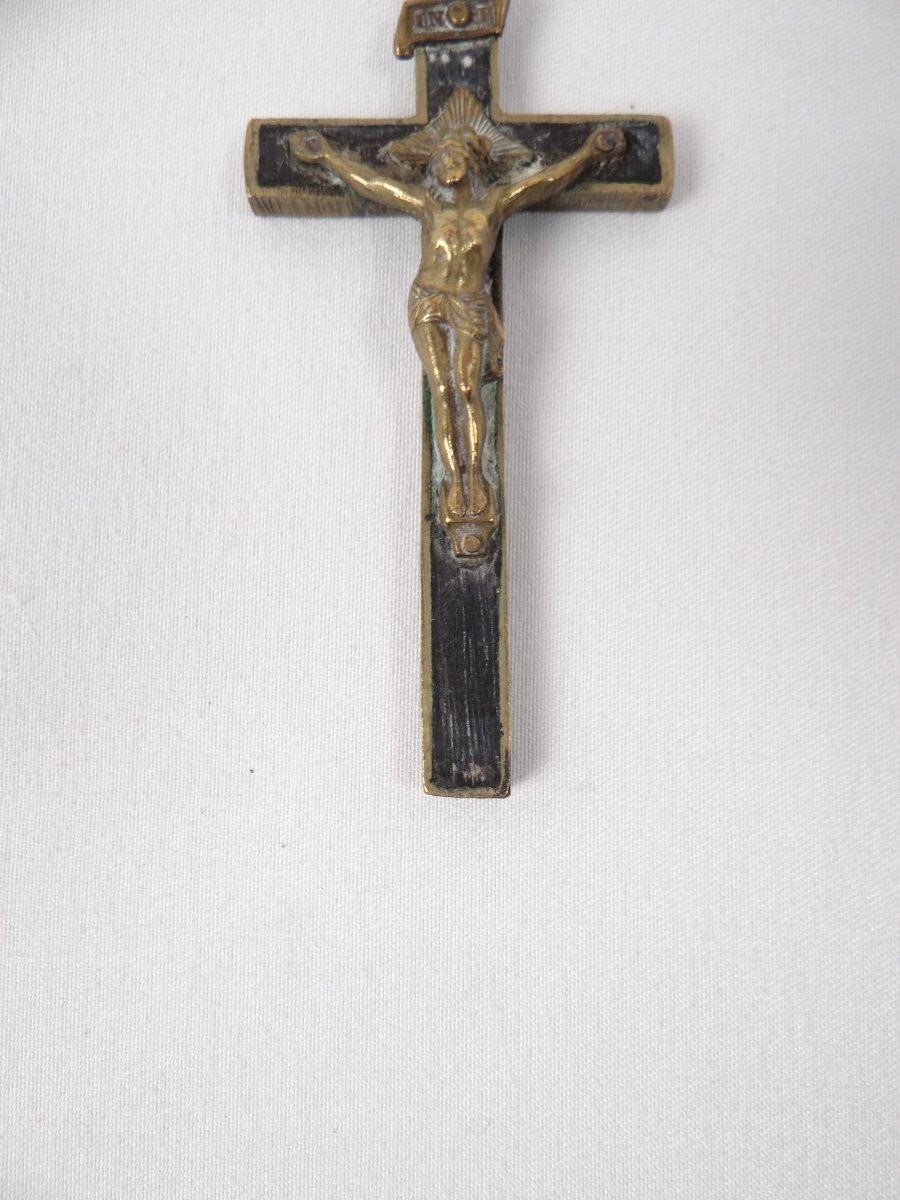 Inri Napoleon III Period Gilt Brass And Ebony Wood Crucifix Pectoral Pendant-photo-3