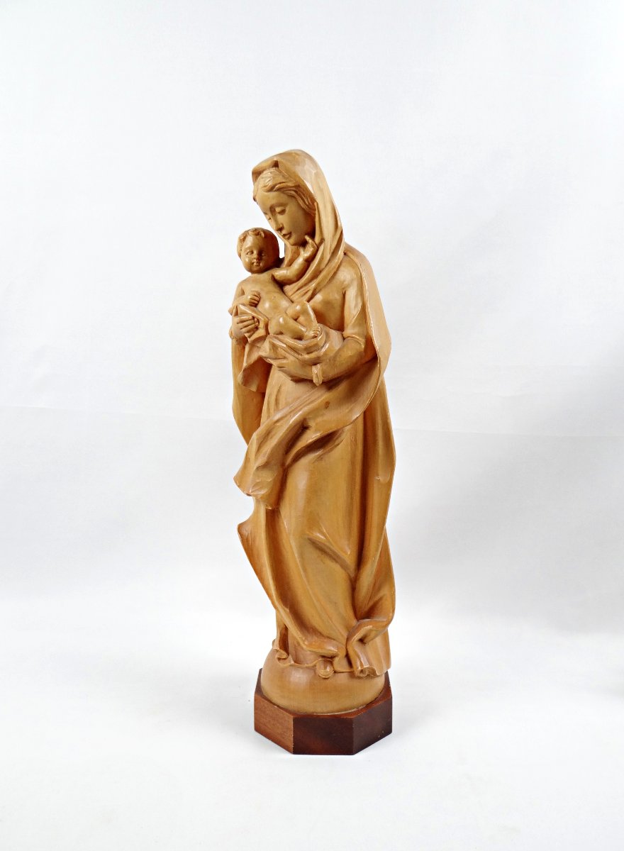 Vierge à l'Enfant en bois sculpté Allemand Art religieux du Tyrol milieu XXe-photo-1