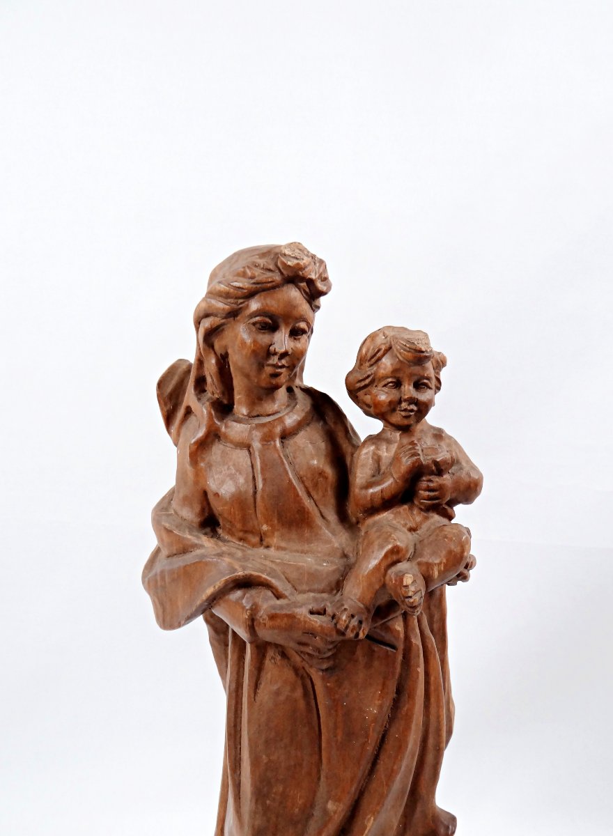 Vierge à l'Enfant en bois de noyer sculpté Allemand Art religieux du Tyrol milieu XXe-photo-2