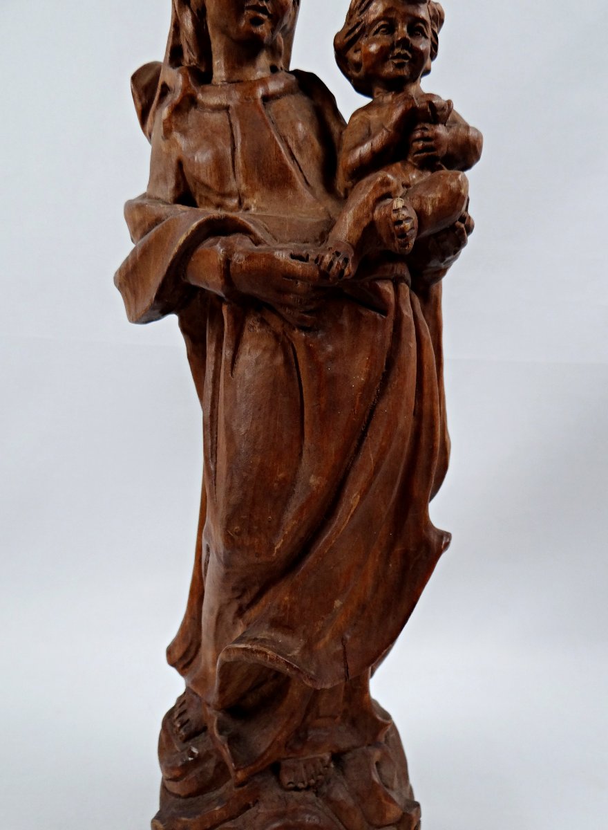 Vierge à l'Enfant en bois de noyer sculpté Allemand Art religieux du Tyrol milieu XXe-photo-3