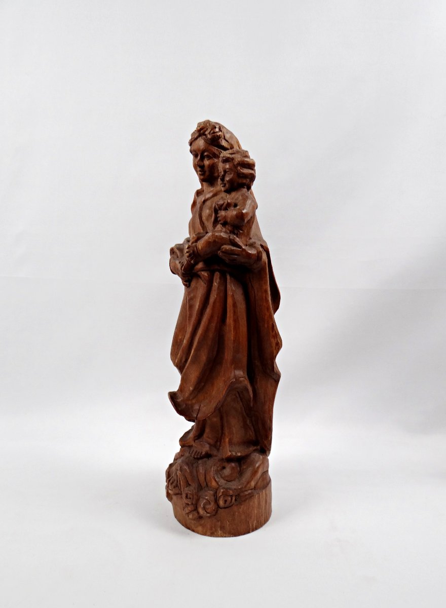 Vierge à l'Enfant en bois de noyer sculpté Allemand Art religieux du Tyrol milieu XXe-photo-1