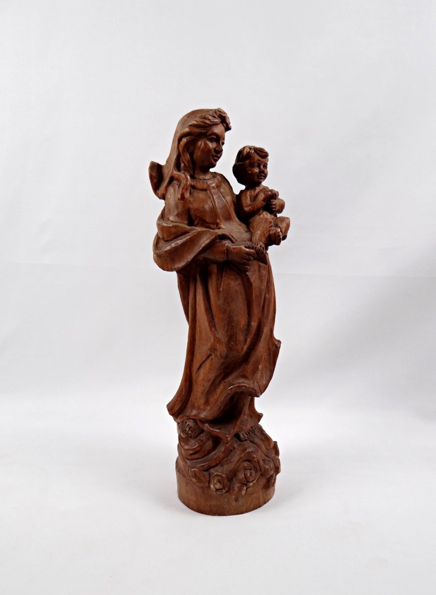Vierge à l'Enfant en bois de noyer sculpté Allemand Art religieux du Tyrol milieu XXe-photo-5