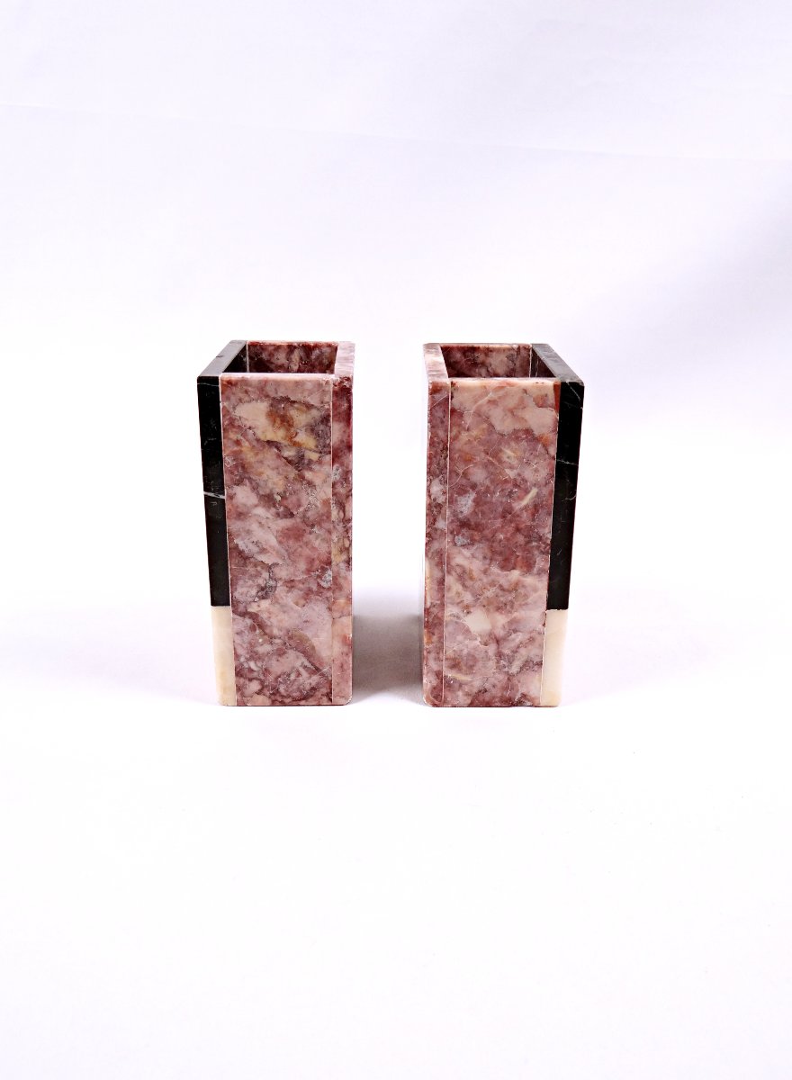 Paire de serre-livres en marbre Art Déco tricolore au design géométrique-photo-1