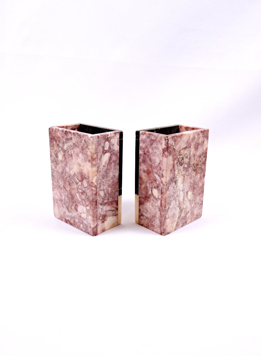 Paire de serre-livres en marbre Art Déco tricolore au design géométrique-photo-4