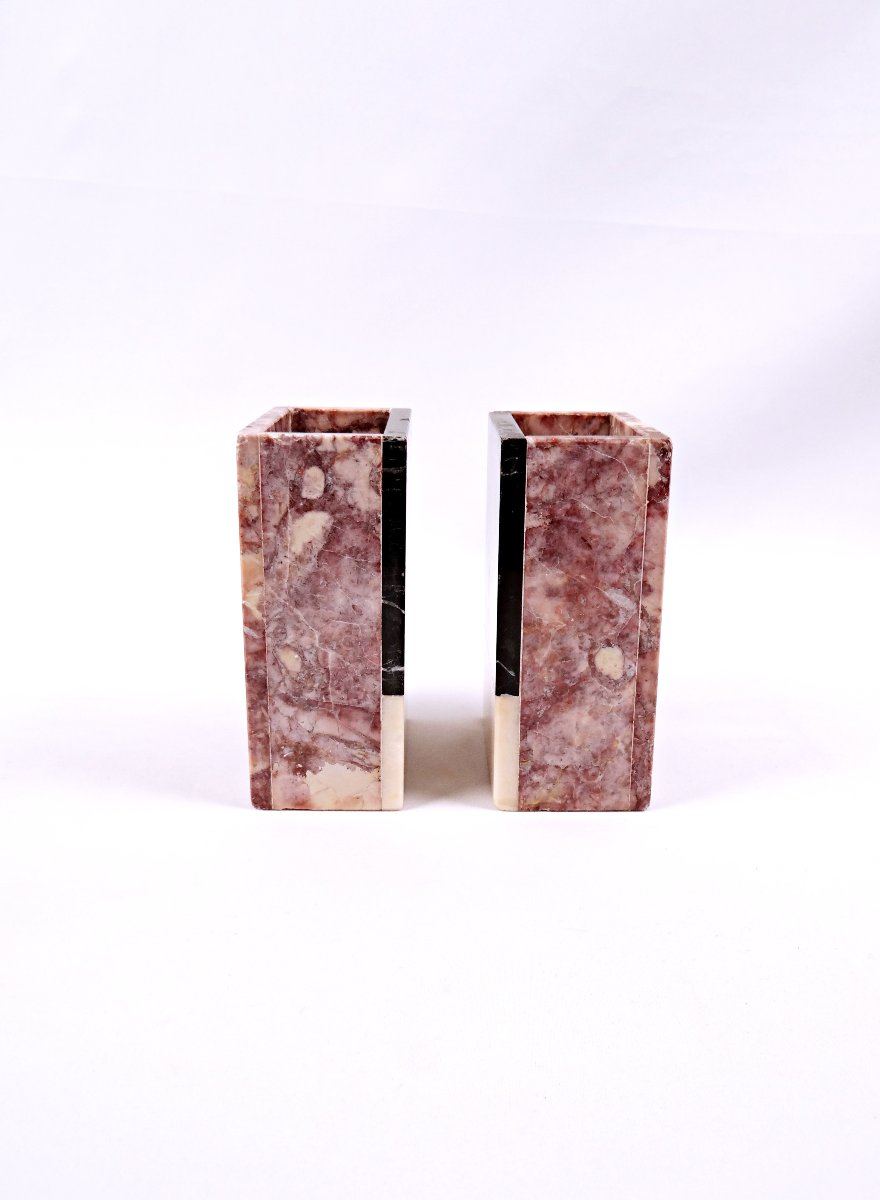 Paire de serre-livres en marbre Art Déco tricolore au design géométrique-photo-5