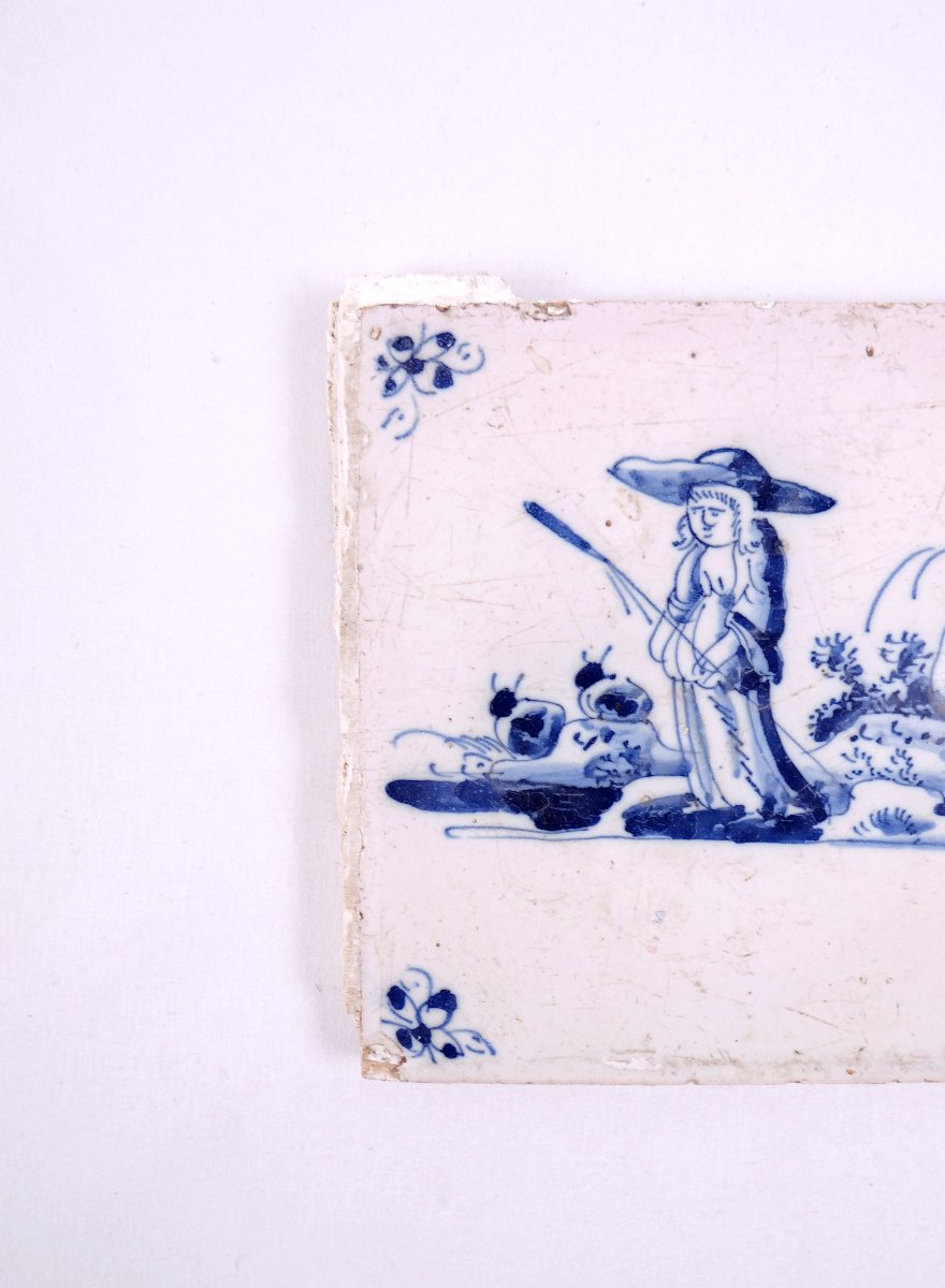18th-century Delftware Tile Depicting A Peasant Woman With A Stick, Facing Forward-photo-3