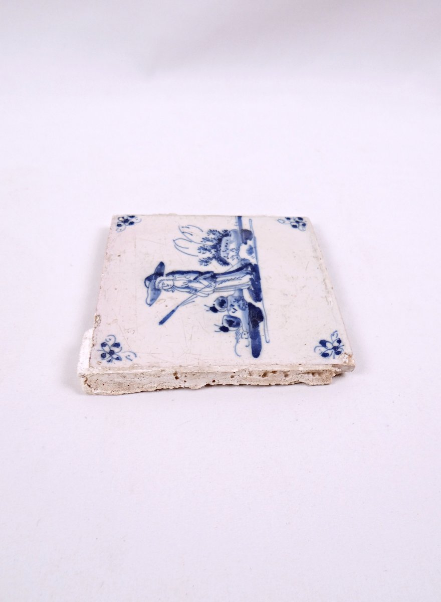 18th-century Delftware Tile Depicting A Peasant Woman With A Stick, Facing Forward-photo-3
